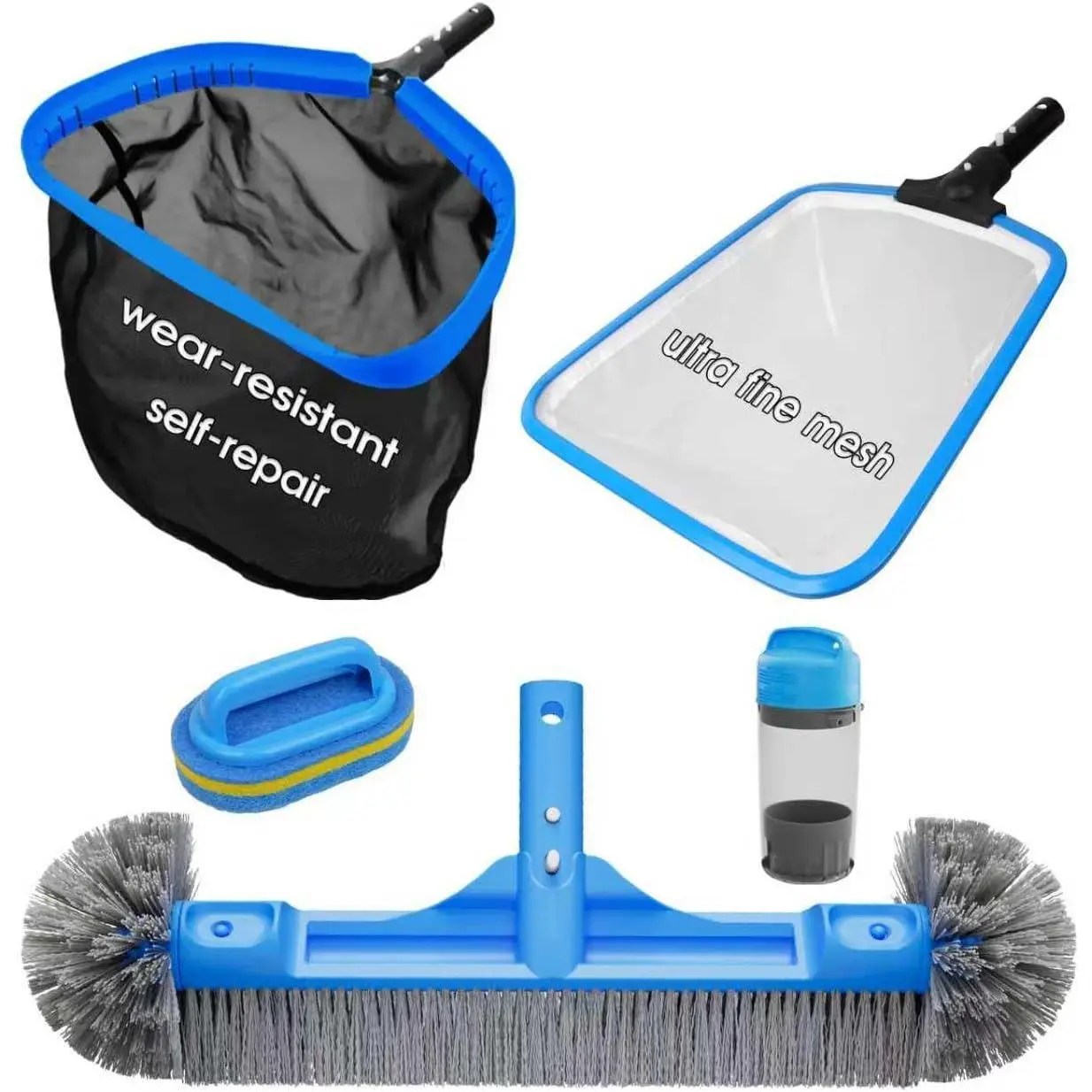 All in One Pool Cleaning Kit - 18'' Repairable Nylon Net, 18'' Detachable Round Brush, 11'' Fine Mesh Skimmer, Chlorine Floater & Scrubber for Water Line Cleaning