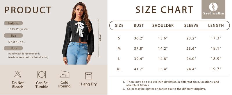 Saodimallsu Womens Cropped Cable Knit Cardigan Sweaters Long Sleeve Bow Tie Front Crew Neck Chunky Sweater Tops