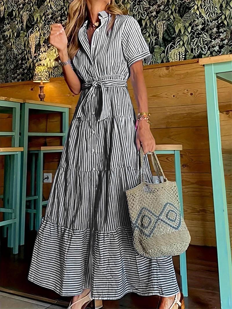 Women's Striped Print Belted Modest Style Dress, Elegant Casual  Long Dress for Summer, Women's Clothing for Daily Wear