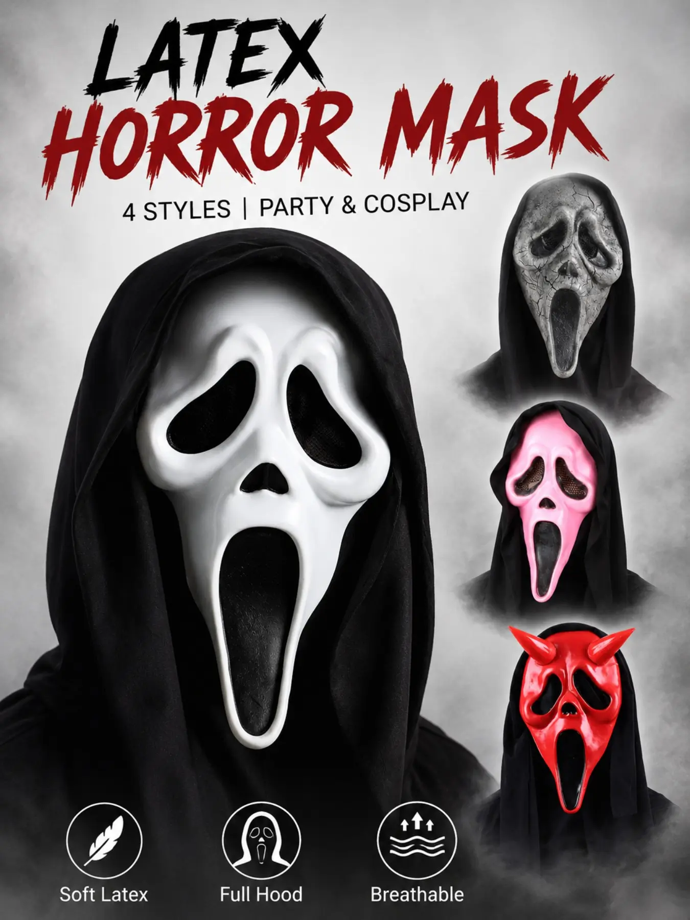 Halloween Cosplay Horror Scary Scream Ghost Face Mask, Adult Party Prop, Latex Npc Costume, 1pc Halloween Accessory
