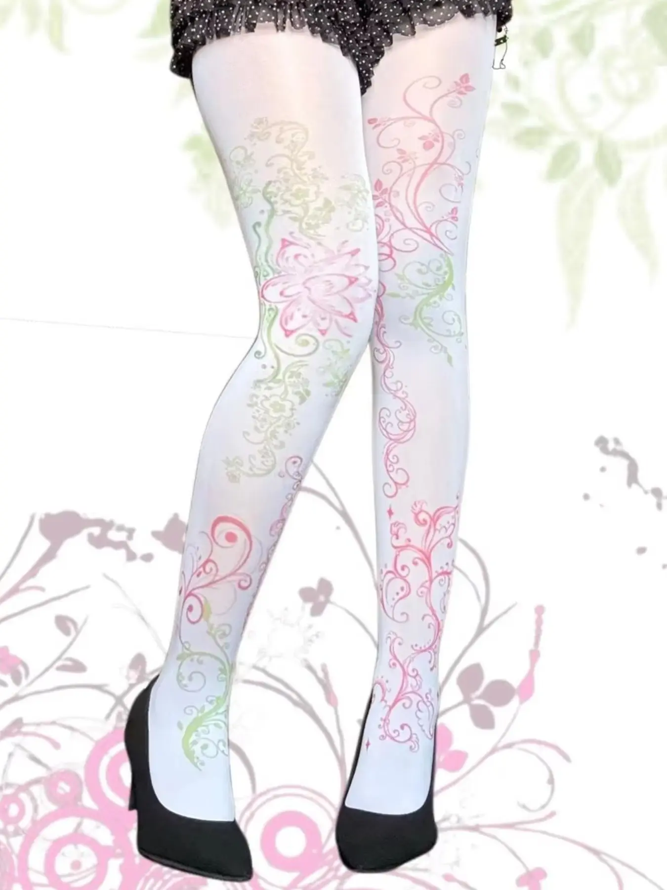 Y2K Style Hip Hop Streetwear Floral Pattern Print Tights, Punk Gothic Fashion Tight Stockings, Retro 2000s Emo Girl Punk, 1 Pair