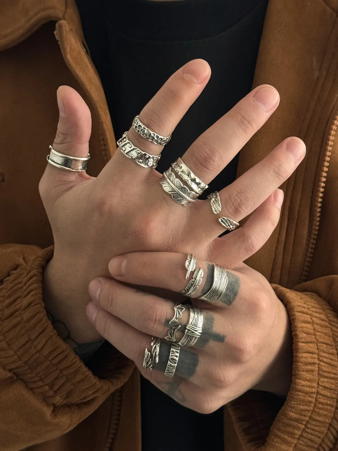 12-Piece Vintage Feather Engraved Men's Ring Set, Spring Summer American Retro Style, Unique Streetwear Fashion Stackable Rings