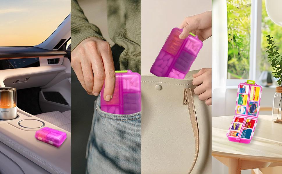 2026 New Extra-Large Pill Box with Medicine Labels, Travel Essentials, Daily Medicine Container, Mini Medicine Storage Box, 7-Day Pill Organizer (Pink)