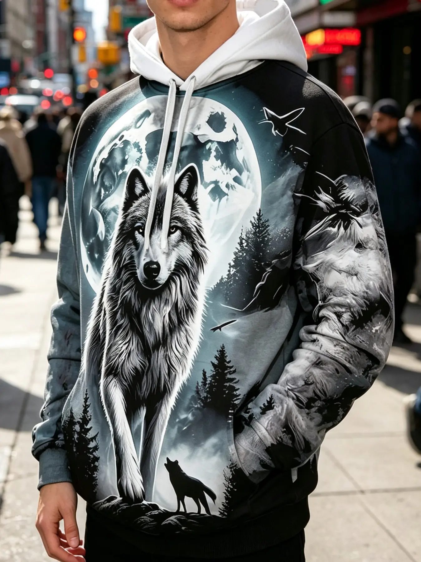 Moonlit Forest Wolf Drawstring Hoodie, 3D Full Print Graphic Hoodie Trendy Men's Sweatshirt, Casual Loose-Fit Top for Spring & Fall, Aesthetic Hoodie
