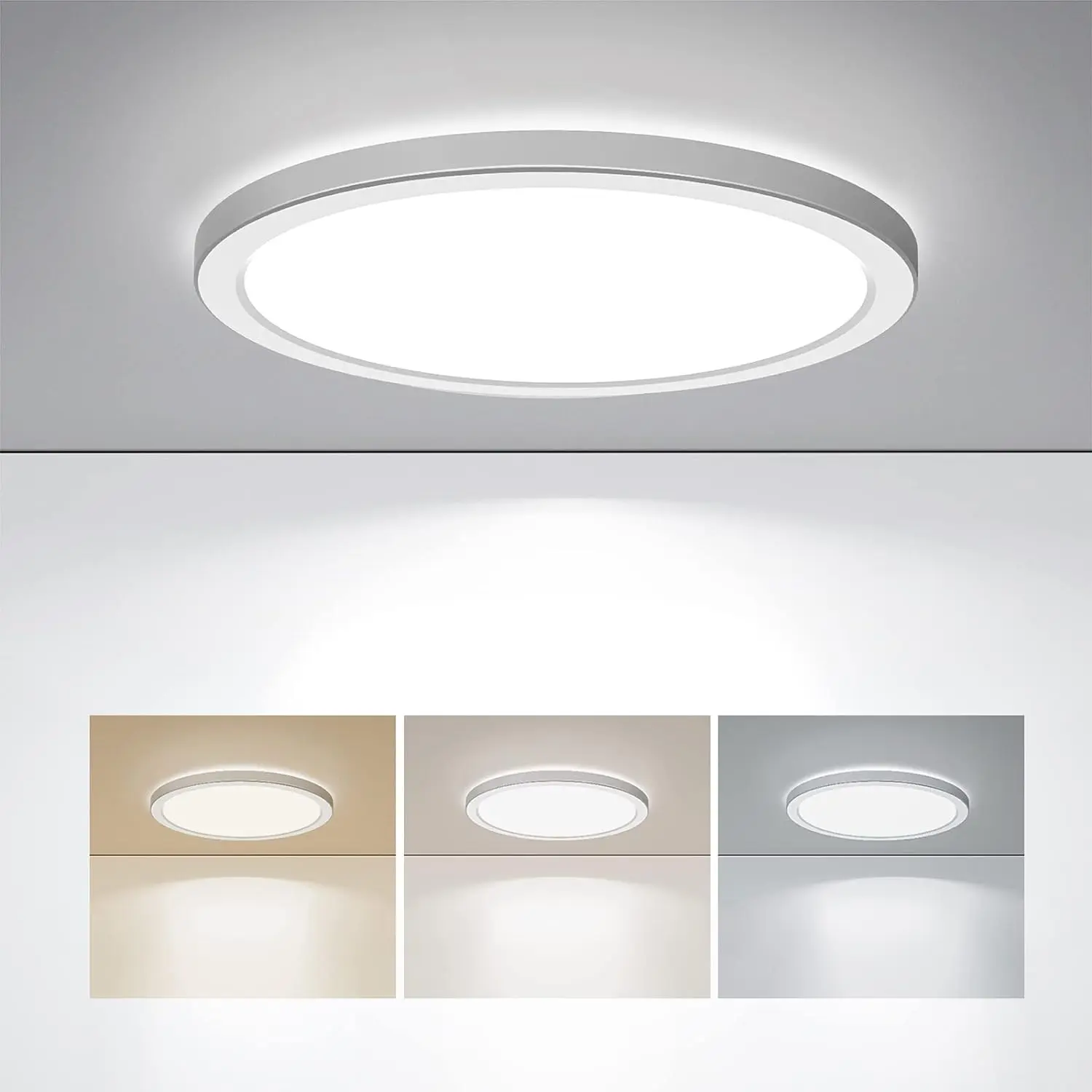 LED Flush Mount Ceiling Light - 9in 18W 3000K/4000K/5000K Hardwire Low Profile Ceiling Mounted Fixture, Ultra Thin Round White Non-Dimmable Lamp for Kitchen, Laundry, Bedroom, Modern Home Decor, 1 Pack