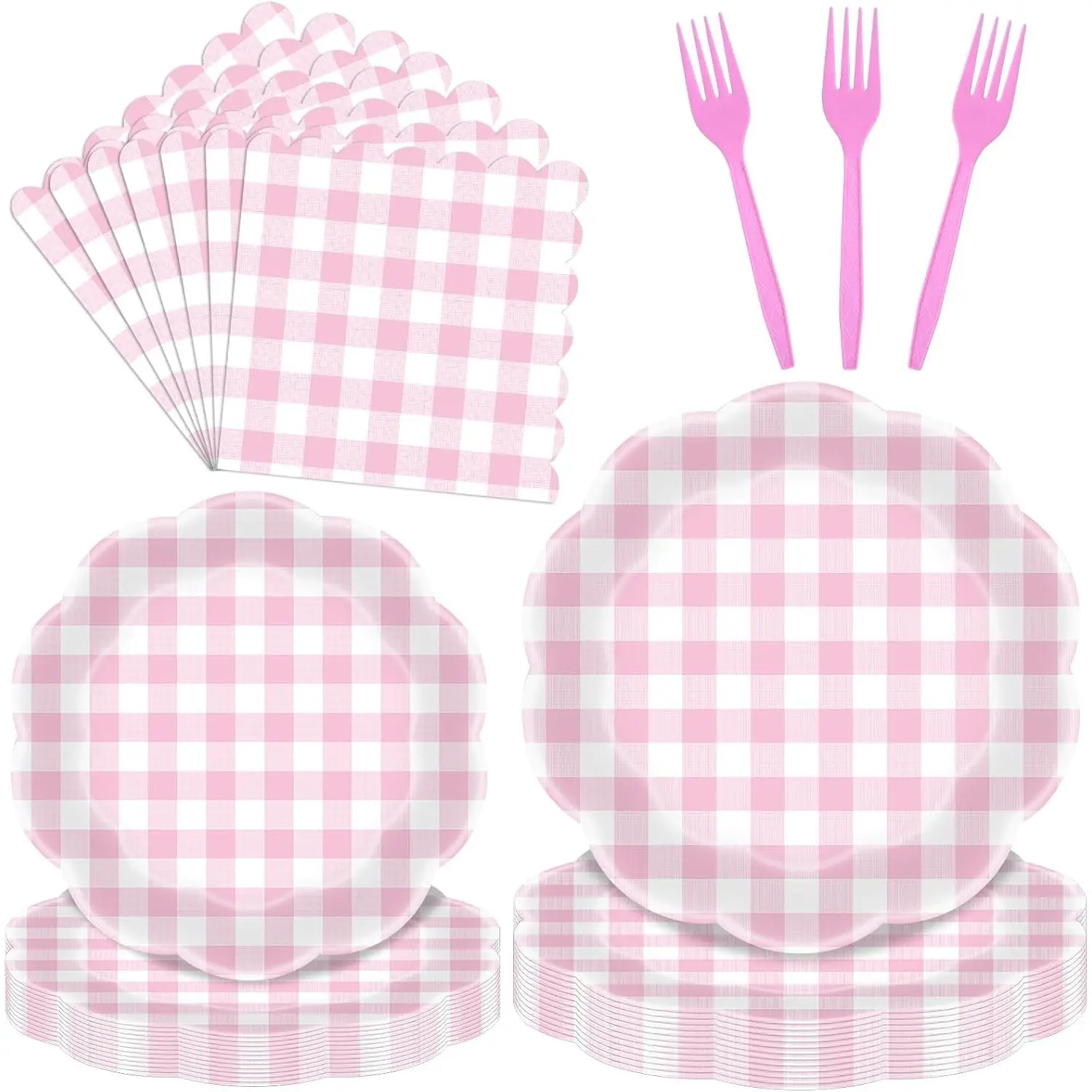 96 count  Gingham Party Tableware Set – Scalloped  Checkered Paper Plates, Napkins and  Forks Disposable Dinnerware for  Shower, Picnic, Birthday,  Party and Summer Party Supplies