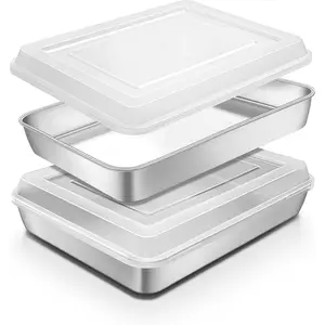 18ACTIVEKITStainless Steel Baking Pan with Lid, 12⅓ x 9¾ x 2 Inch Deep Rectangle Cake Pans with Cover for Cakes, Brownies, Cookies, Deep Side & Heavy Duty,Dishwasher & Fridge & Oven Safe(2 Pans + 2 Lids)