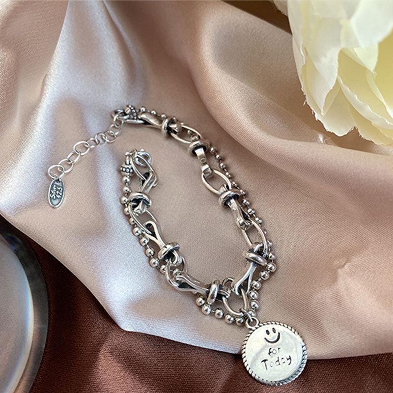 Double-layered Chain Bracelet For Women Smiley Face Round Cards Pendant Party Jewelry