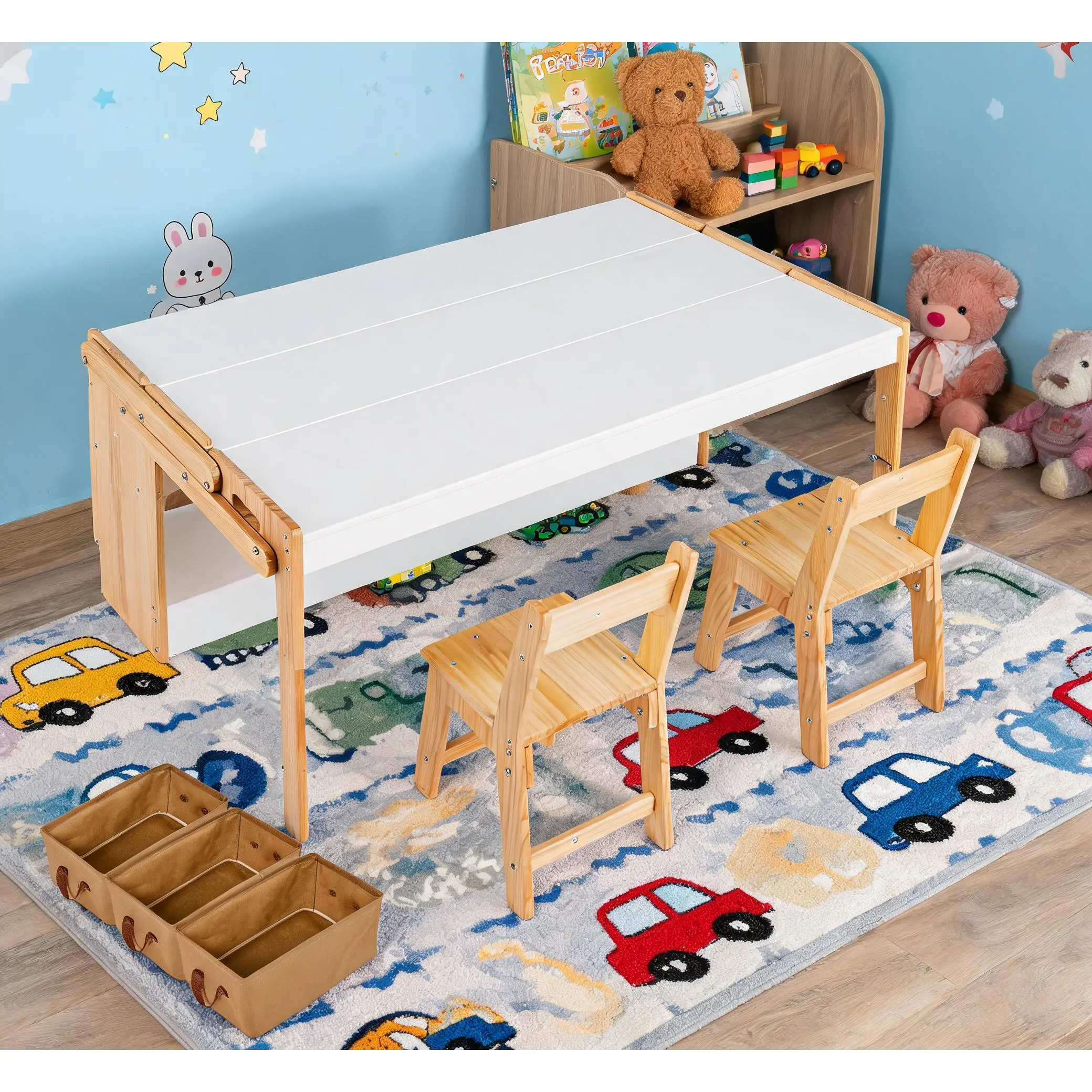 Space-Saving Kids Convertible Folding Art Desk Only, Adjustable Table with Storage Shelves and 2 Fabric Bins, Multi-Functional Activity Furniture for Home, School & Playroom, 27.5in