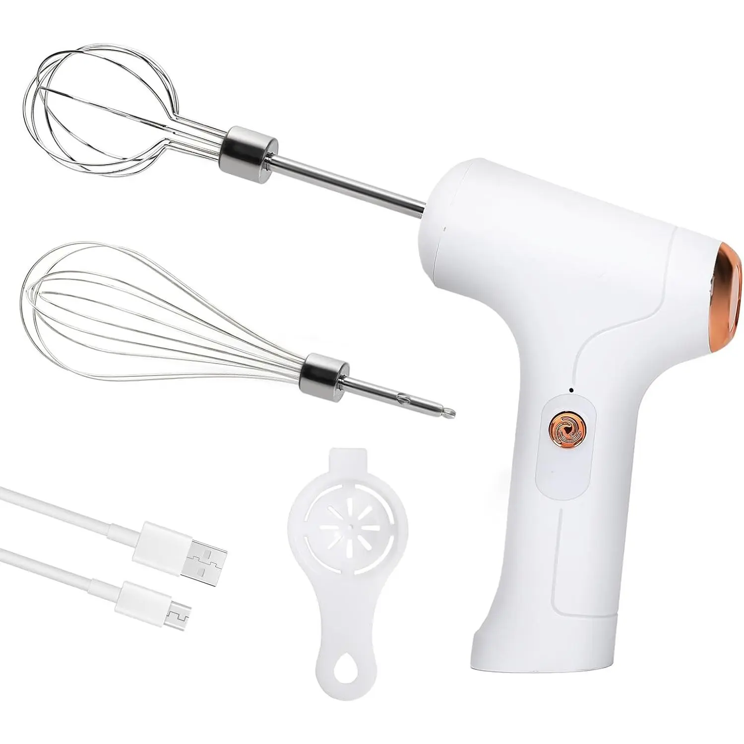 Cordless Hand Mixer, Handheld Electric Whisk with 3 Speed Modes, Hand Held Egg Beater with 2 Detachable Stir Whisks (White)
