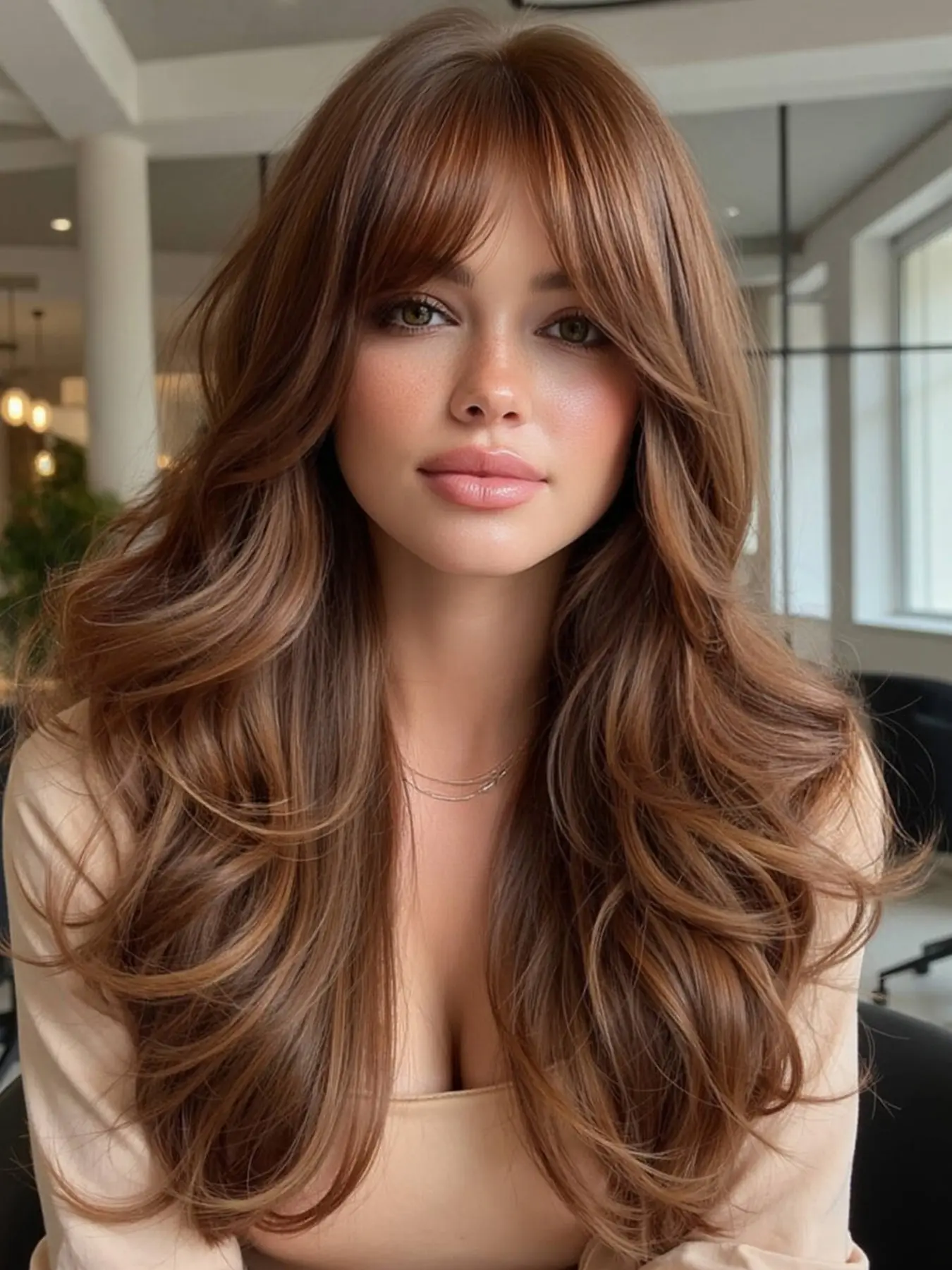 Synthetic Wig 22 Inch Long Curly Hair, Center Part French Bangs, Deep Base Caramel Chocolate Balayage, Voluminous and Lightweight, Women's Use Loose Curly Wig