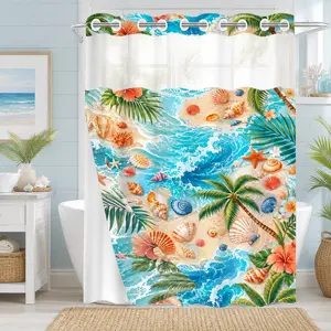 1Pc Hookless Waterproof Shower Curtain, Cartoon Island Wave Palm Shell Flower Print, Quick Dry Mildew Proof Fabric, Removable Snap-in Liner Accessory, Top See-Through Window, Fresh Summer Vacation Divider Curtain 71×74 Inch