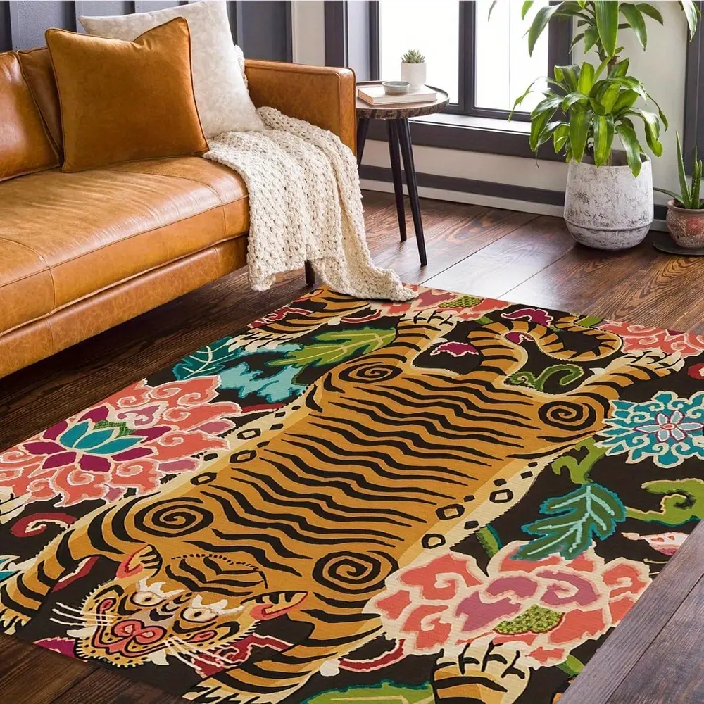 Flannel Floor Mat, vintage Tibetan-style tiger pattern luxury carpet, living room carpet, bedroom carpet, flannel carpet, home decoration, suitable for inns and hotels, non-slip machine washable carpet, home decoration and room decoration aesthetics