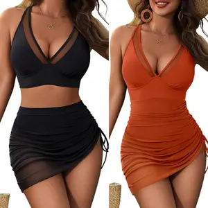 Women's Bikini Set V Neck Sleeveless Tops Tummy Control Drawstring Swim Skirt Bottoms 2 Piece Bathing Suit Outfits 2026 New Model.