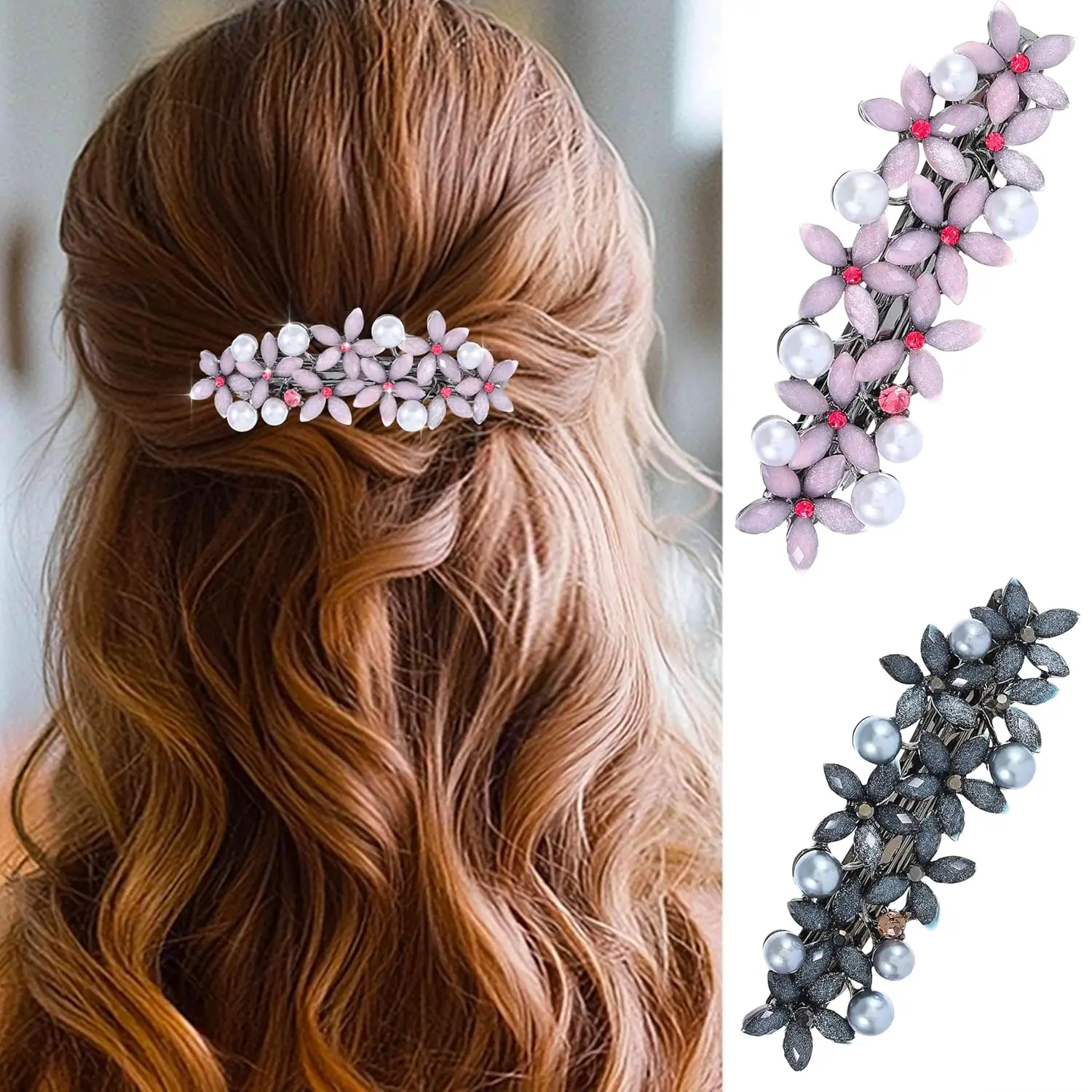 Flower French Hair Clips Barrette Pearl Hair Barrettes Vintage Hair Accessories for Women (Pack of 2) (Black Blue and Pink)
