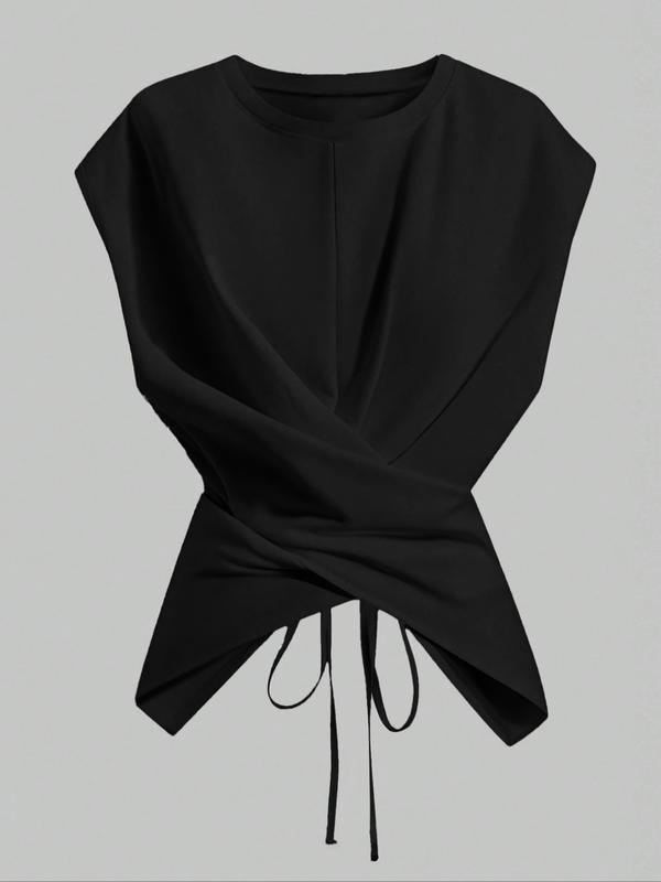 Women's Knitted Round Neck Drop Shoulder Sleeve T-Shirt, Fashion Casual Chic Asymmetrical Ruched Cross Cutout Back Tie Top