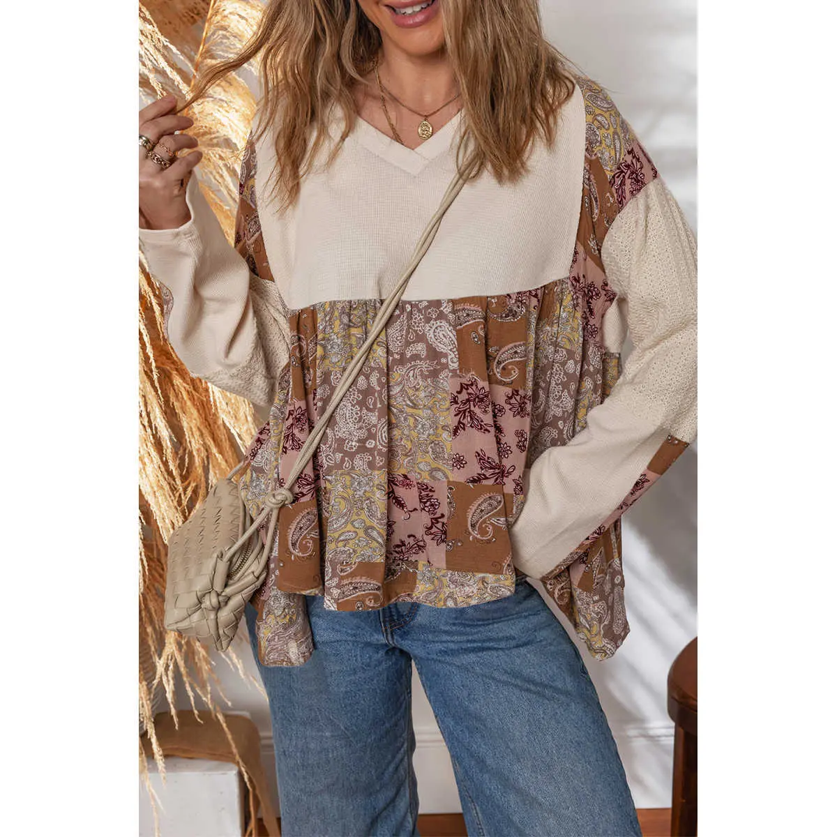 Beige Paisley Ethnic Print Contrast Patchwork Long Sleeve Loose Top Casual Blouses