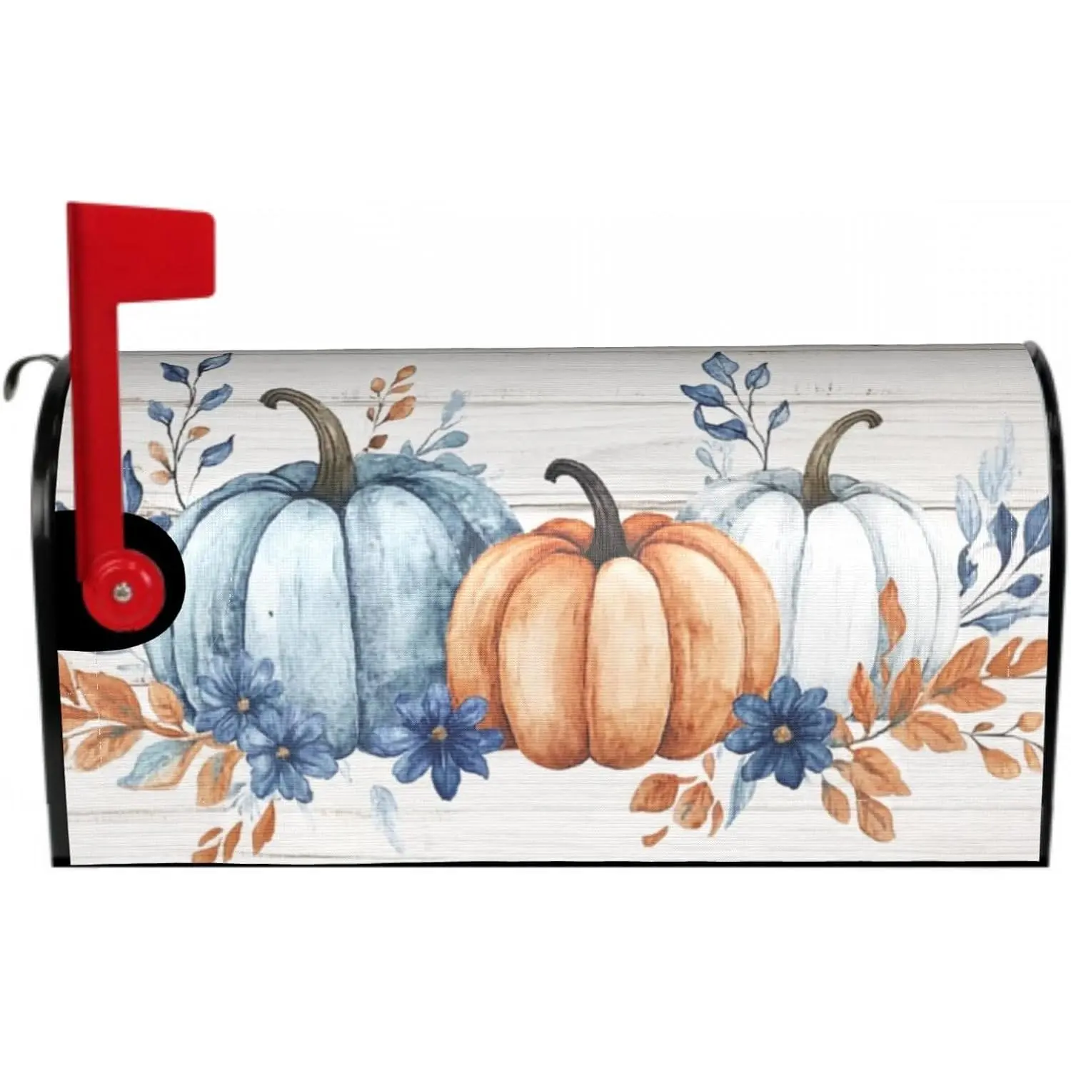 Fall Pumpkins Mailbox Covers Magnetic Standard Size 18 x 21 Inch Autumn Blue White Orange Thanksgiving Grey Wood Grain Letter Box Cover Outdoor Mail Wraps Cover for Garden Home Yard Decor