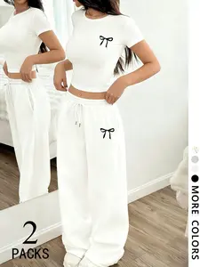 Y2K School Youth Bow Sweet Cool Casual Short Set, Back-To-School Loose Age-Reducing Two-Piece, Match, Comfortable Fit