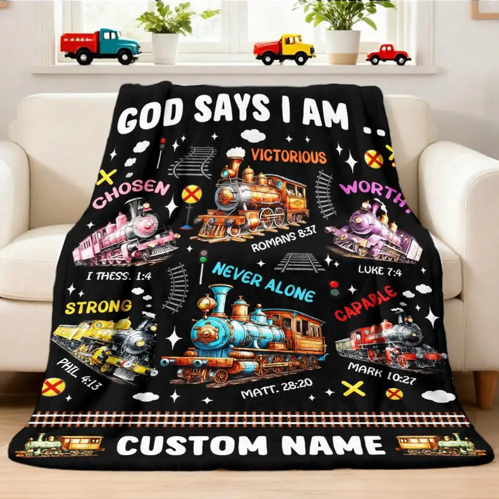 Customized 30x40 God Says I Am Train Flannel Throw Blanket - Personalized Christian Bible Verse Blanket with Vintage Locomotive Design, Wrinkle Resistant Soft Cozy Warm Gift for Toddlers Child, Faith-Based Nursery Room Decor