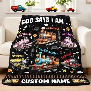 Customized 30x40 God Says I Am Train Flannel Throw Blanket - Personalized Christian Bible Verse Blanket with Vintage Locomotive Design, Wrinkle Resistant Soft Cozy Warm Gift for Toddlers Child, Faith-Based Nursery Room Decor