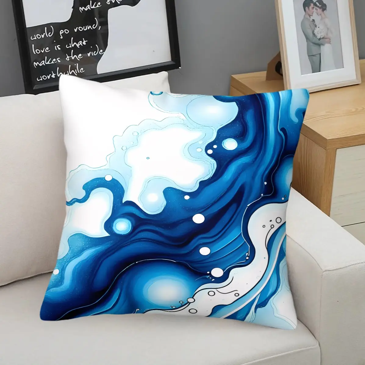 Modern Abstract Marble Blue White Gradient Fluid Print Square Throw Pillow,45×45cm,For Bedroom Sofa Window Terrace,Removable Cover,Waist Support,Gift,Pillow Insert Included
