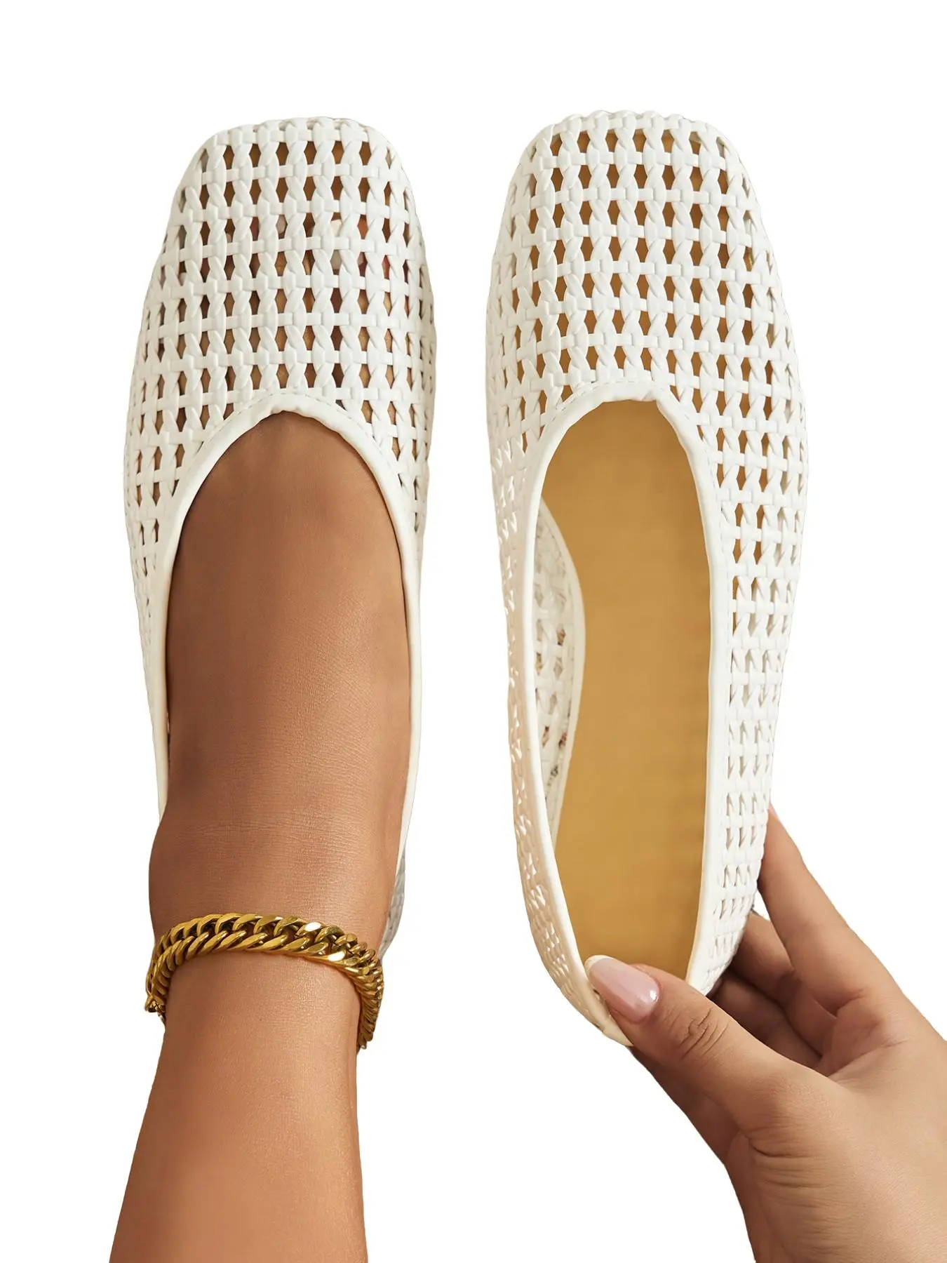 Bohemian Style Breathable Cut-Out Braided Flat Walking Shoes, Elegant Square Toe Ballet Shoes, Summer Casual Textile Rubber Sole Footwear