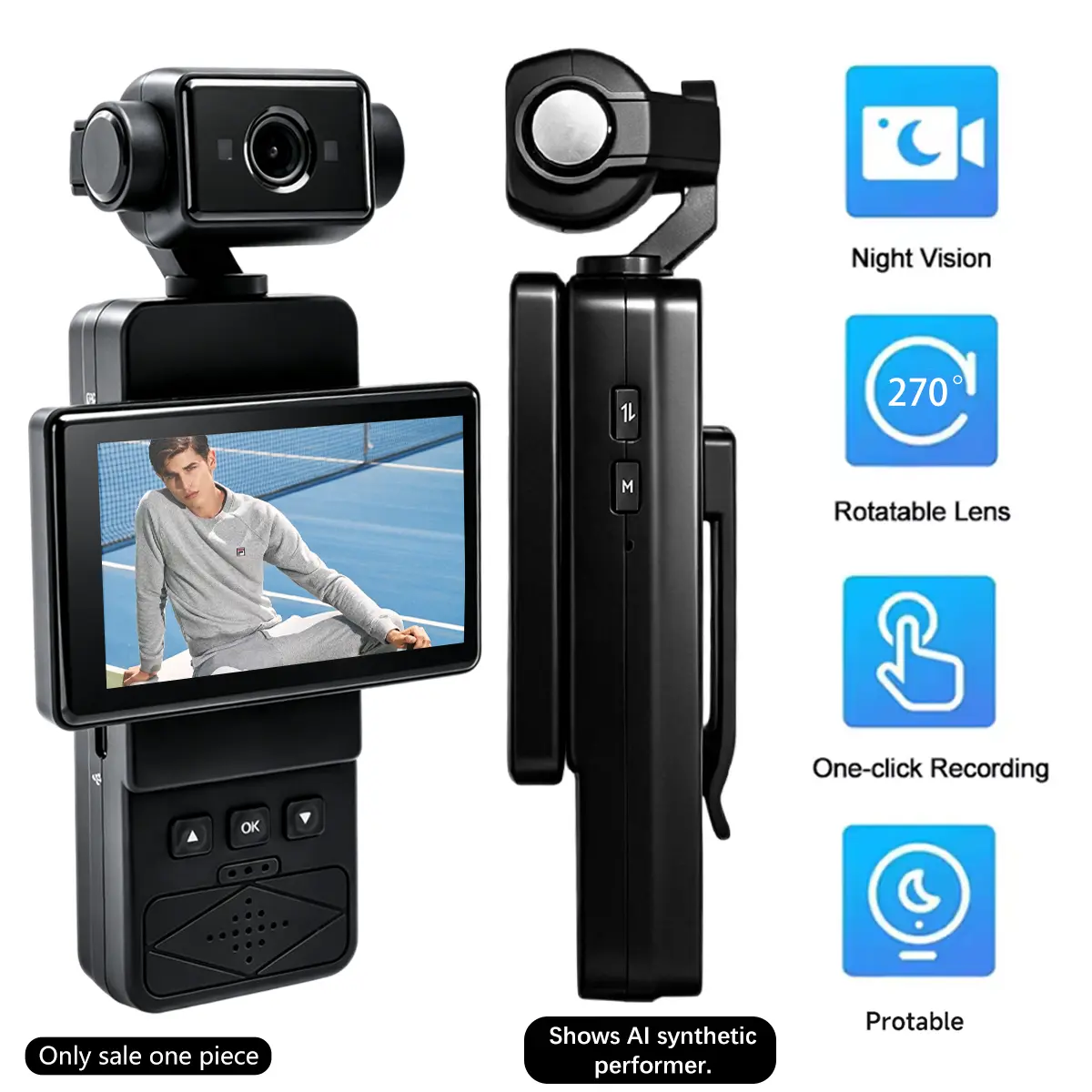 Hands-Free POV Action Camera with WiFi & Wearable Back Clip, Multi-Angle Flip Screen & 270° Rotating Lens, One-Click Recording for Cycling, Travel & Outdoor Vlogging