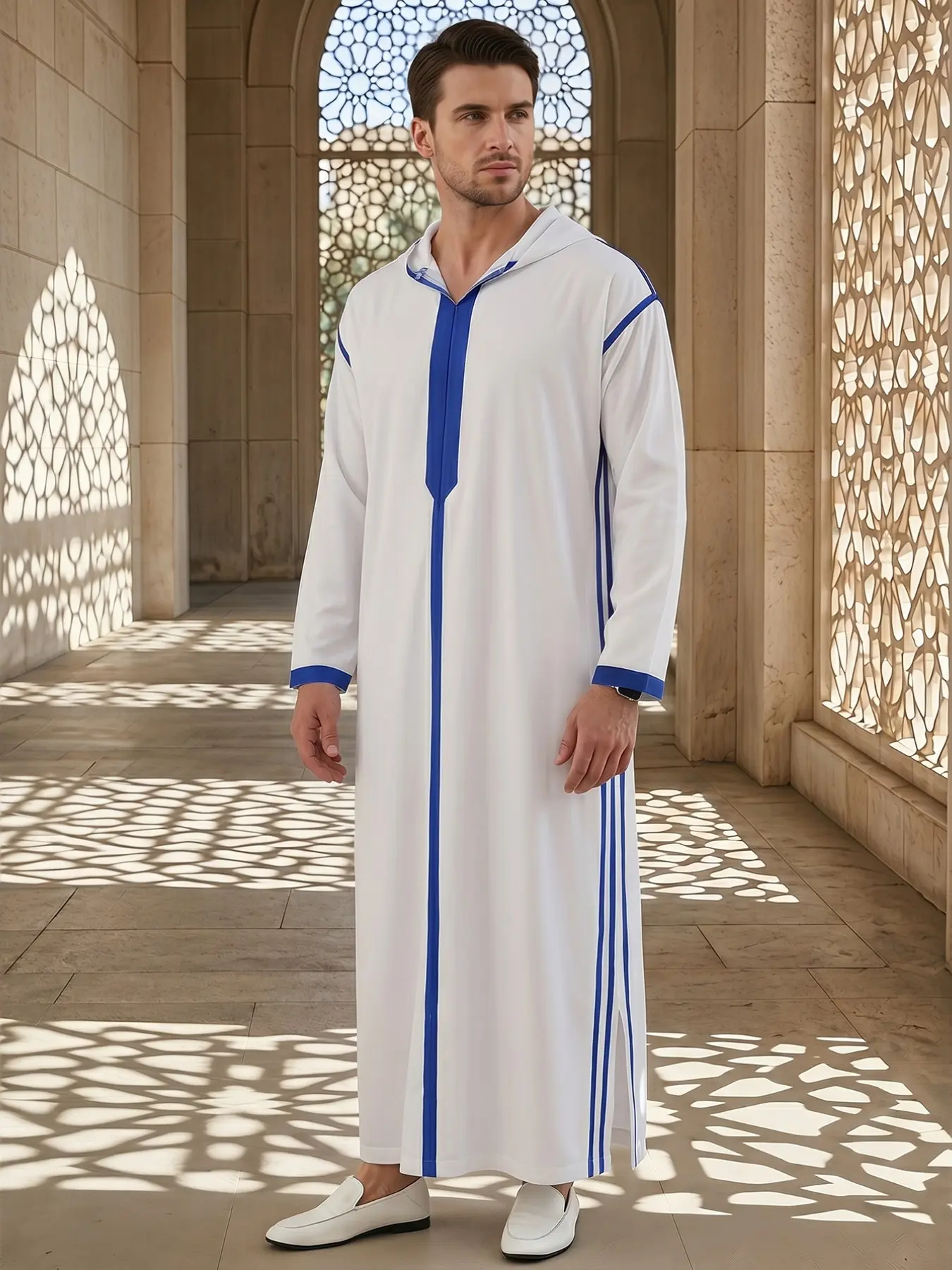Muslim Men's Long Robe, Moroccan Style Striped Hooded Islamic Clothing, Moroccan Thobe, All Season Wedding Prayer Robe, Gift for Festivals, Loose Fit Jubba
