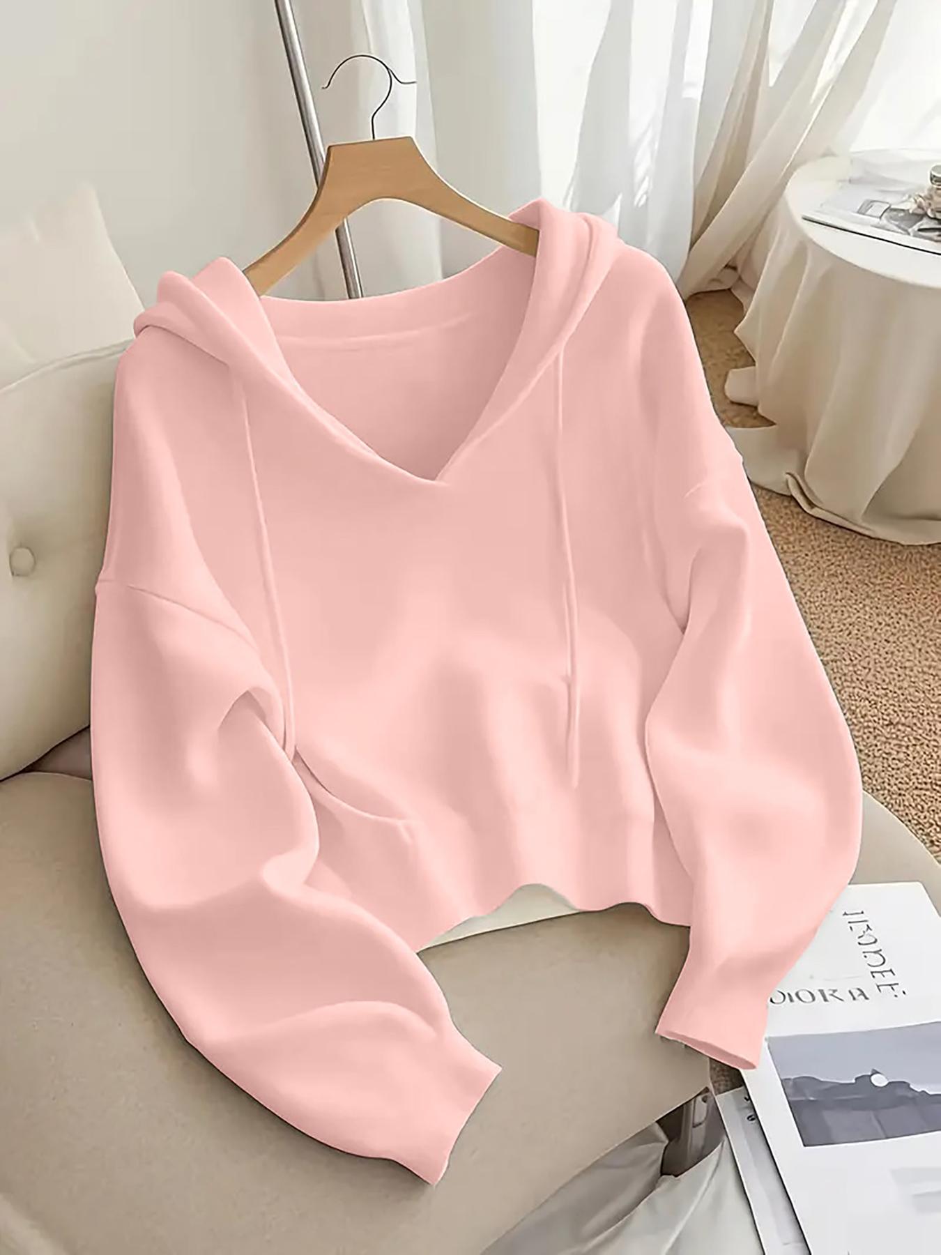 Women's V-Neck Adjustable Drawstring Hoodie, Loose Fit Soft Knit Pullover, Casual Unique Design Long Sleeve Sweatshirt for Early Autumn