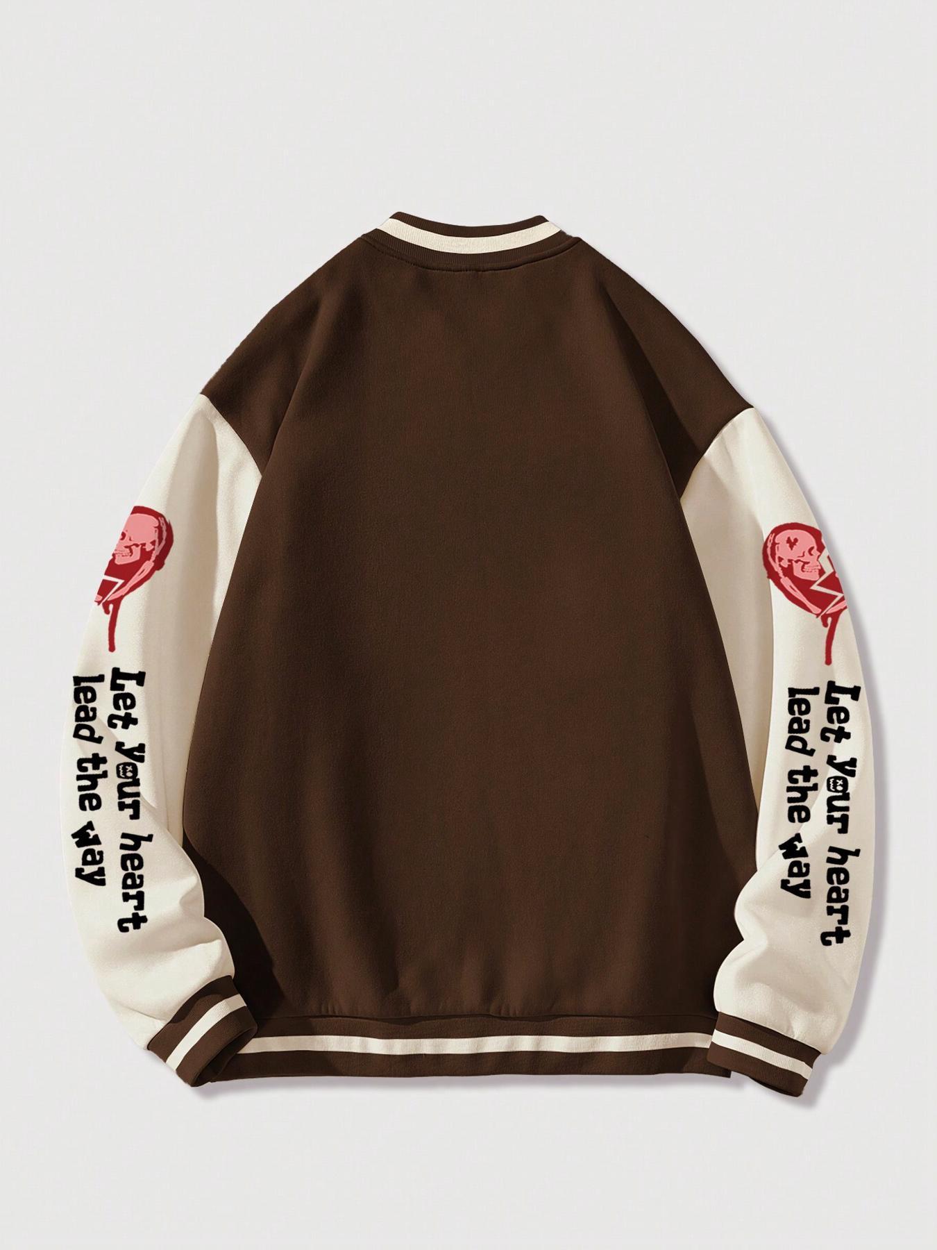 Men's Colorblock Letter & Skeleton Print Baseball Collar Jacket, Loose Casual Fashion Comfy Outerwear for Daily Outdoor Wear, Men Cloths for Fall & Winter