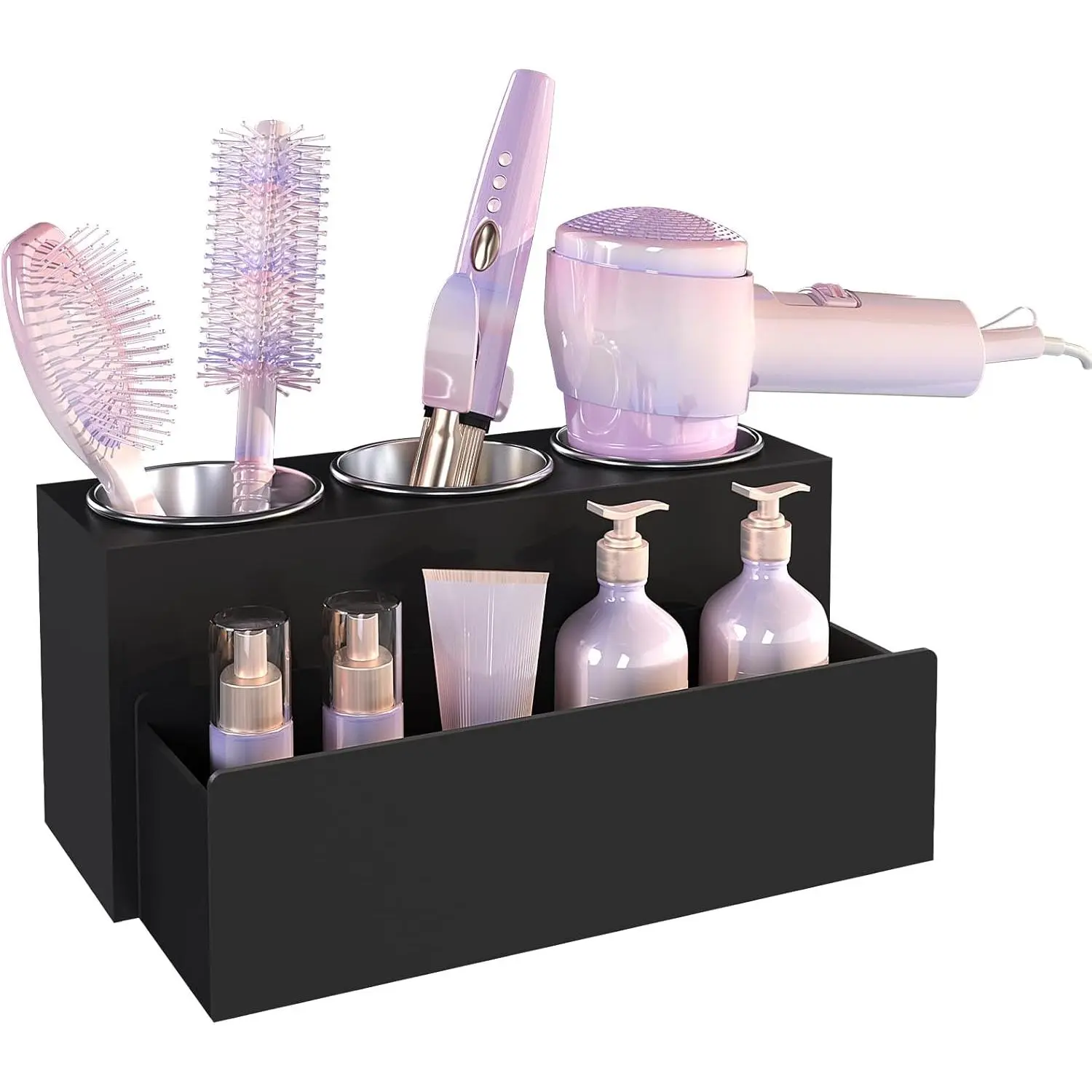 Hair Tool Organizer, Removable Blow Dryer Holder for Bathroom, Hot Tools Organizer For Hair Dryer, Blow Dryer, Curling Iron, Hair Straightener, Bathroom Countertop Organizer, Matte Black