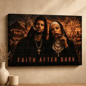 "Faith After Dark" Rebel Couple Canvas Wall Art, Gothic Carnival Noir Print, Moody Red & Gold Aesthetic, Living Room Bedroom Office Decor, Statement Poster Gift,wall decor,poster.
