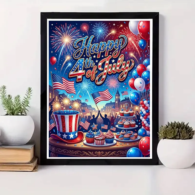 One 2D Flat Frameless Handmade DIY Diamond Painting Kit | American Independence Day Theme | Fireworks & Flag Elements | Joyful Celebration Scene | Vibrant Colors | Ideal for Holiday Decoration, Home Decor & Craft Enthusiasts