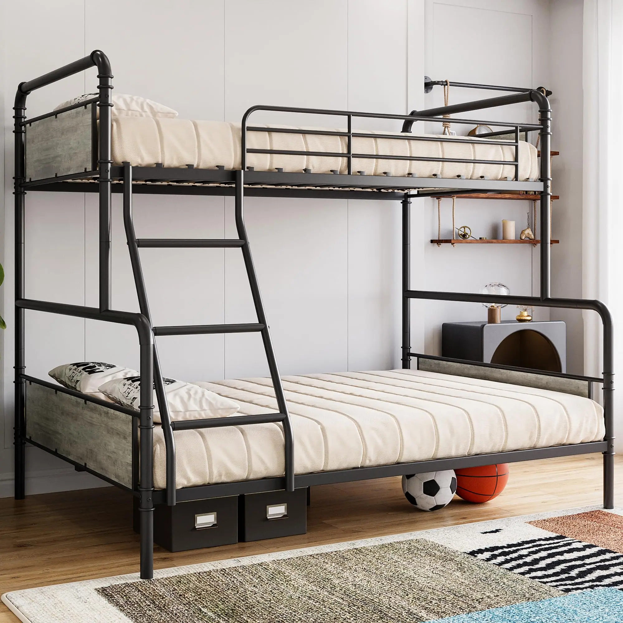 Garvee Metal Bunk Bed Twin Over Full Size with High Guardrail and Ladder, Convertible Design, Heavy Duty Frame with Metal Slats, Smooth Rounded Edges, Easy Assembly, Suitable for Teens and Adults, Available in Grey and Vintage Brown