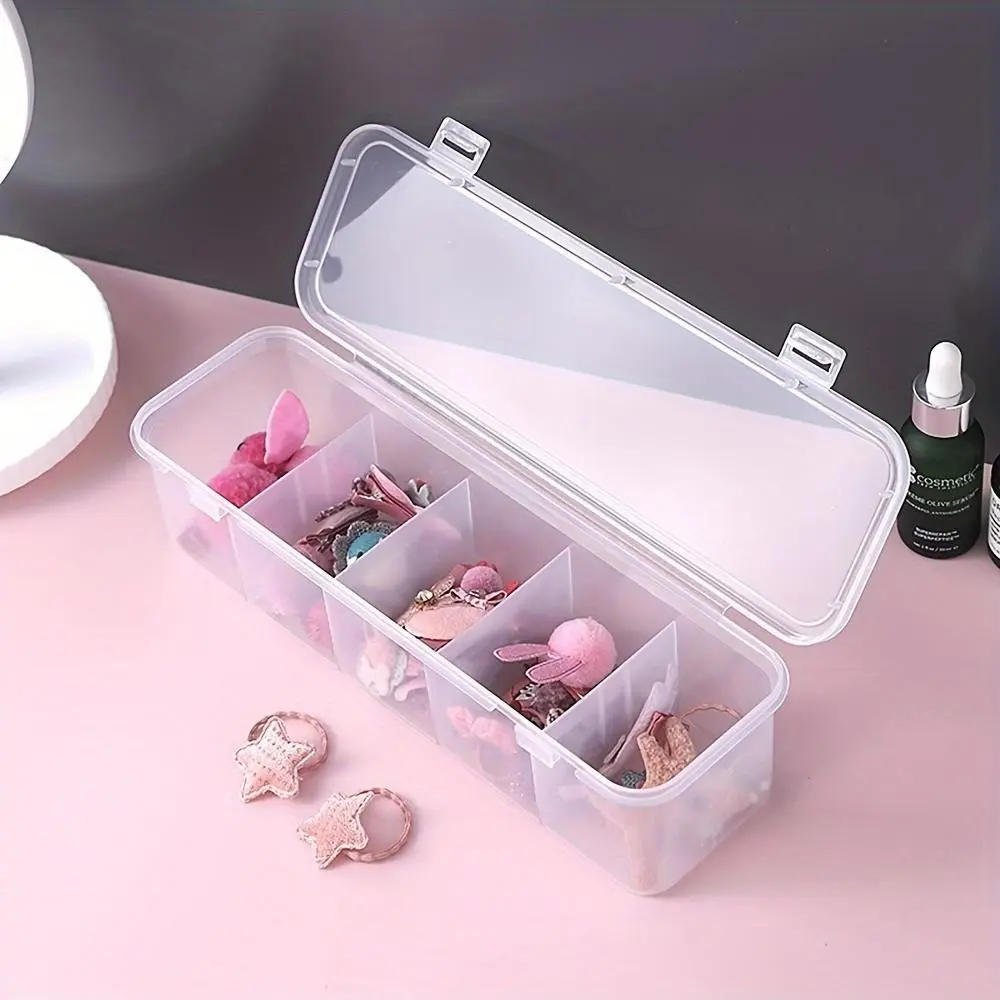 5-Compartment Transparent Plastic Storage Box with Lid, Durable Multi-Purpose Organizer for Hair Accessories, Jewelry, Electronics, Office Supplies
