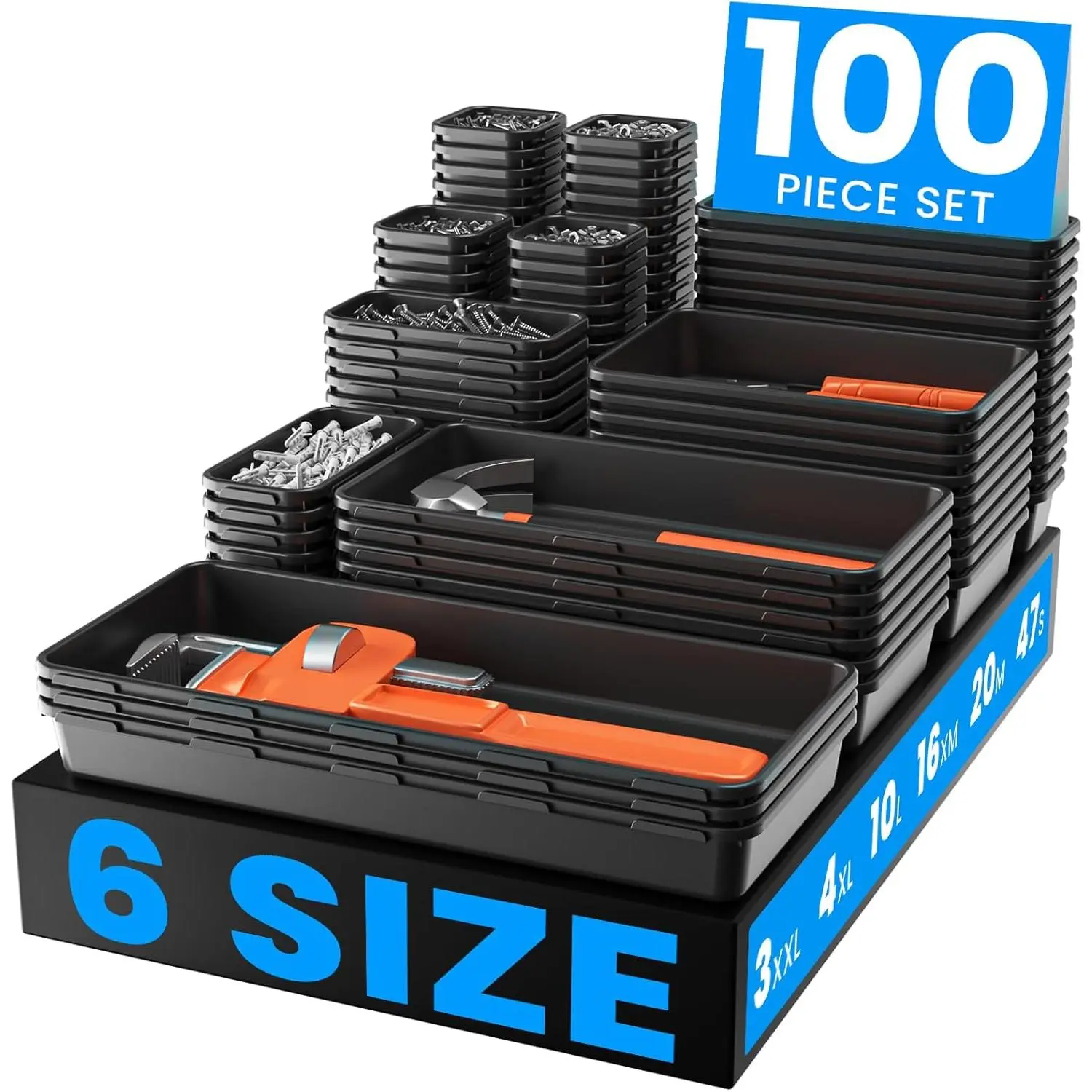 【𝟲 𝗦𝗜𝗭𝗘 & 100 count】 Tool Box Organizer Tray Set【Fits 100+ Tools】 Black Plastic Drawer Divider Desk Drawer Organizer Garage Organization for Rolling Tool Chest Cart Workbench Office Storage