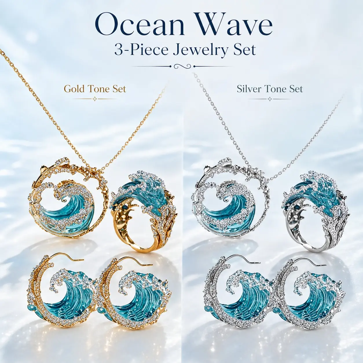 Women's 3-Piece Ocean Wave Coordinated Costume Jewelry Set - Gold or Silver Tone Necklace, Ring, Earrings - Translucent Beach Themed Female Wear Gift for Fashion Enthusiasts, Coordinated Set
