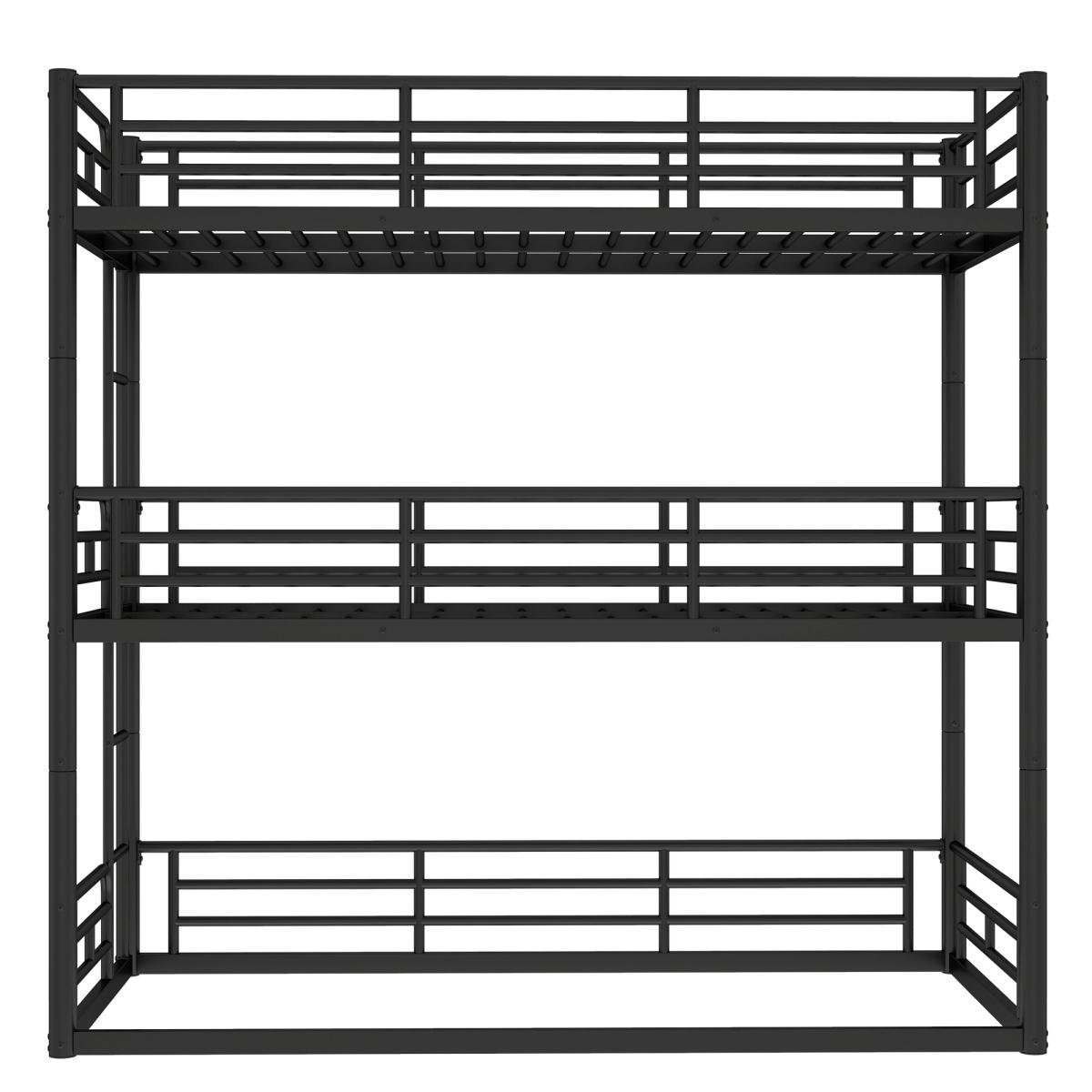 Twin/Queen Triple Bunk Bed, Metal Triple Bunk Bed with Safety Guardrails, Heavy-Duty Bunk Bed with Noise-Reduced Design – Black/White