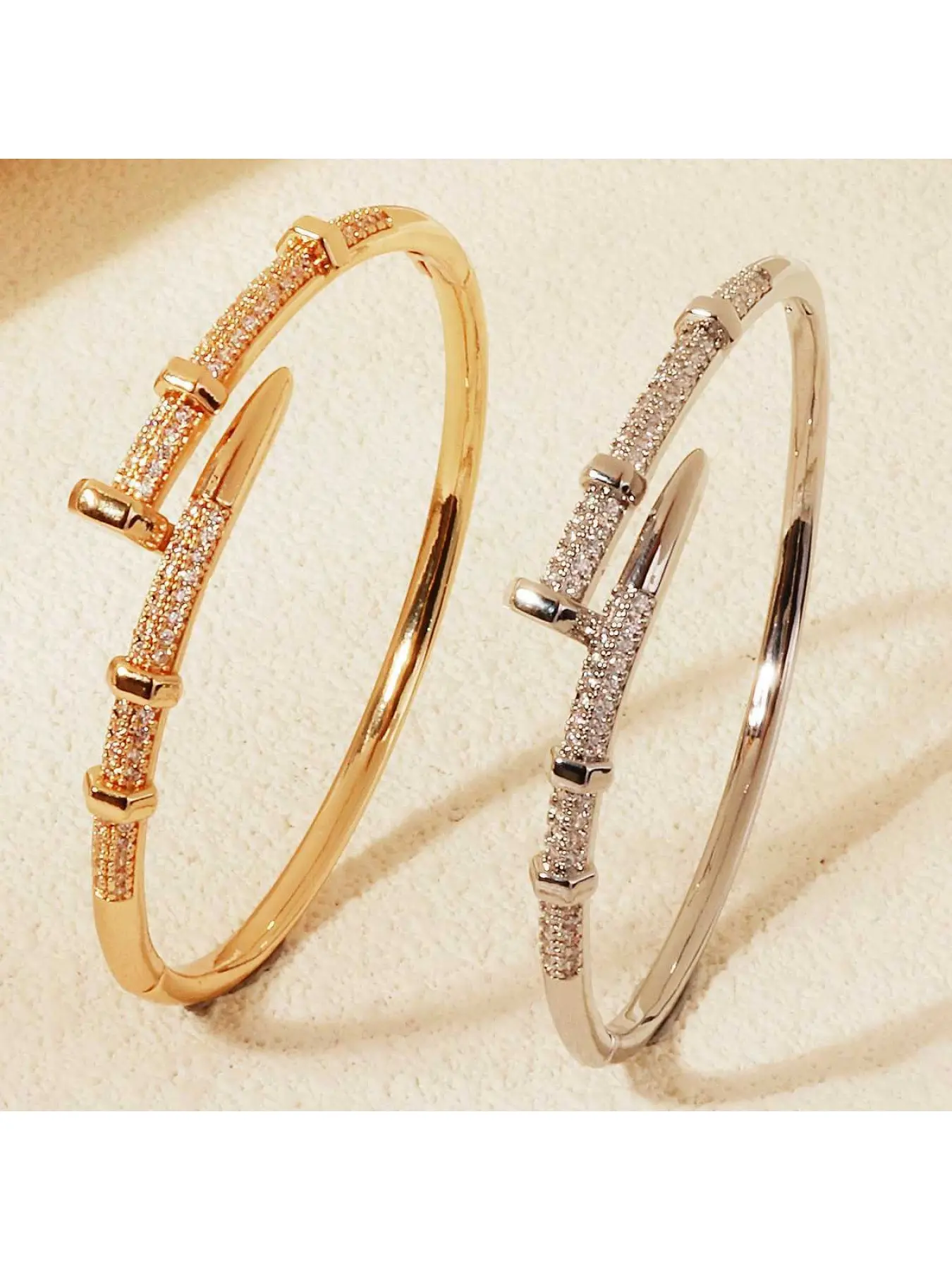 Popular Women's Full Diamond Nail Open Bangle, Two-Tone Gold & Silver Fully Encrusted Adjustable Open Jewelry, Entirely Gold and Silver Plated Anti-Oxidation Hand Ornament, Daily Commute Stackable Bracelet, Stacking Bangles, Cuff Bangles Bracelets