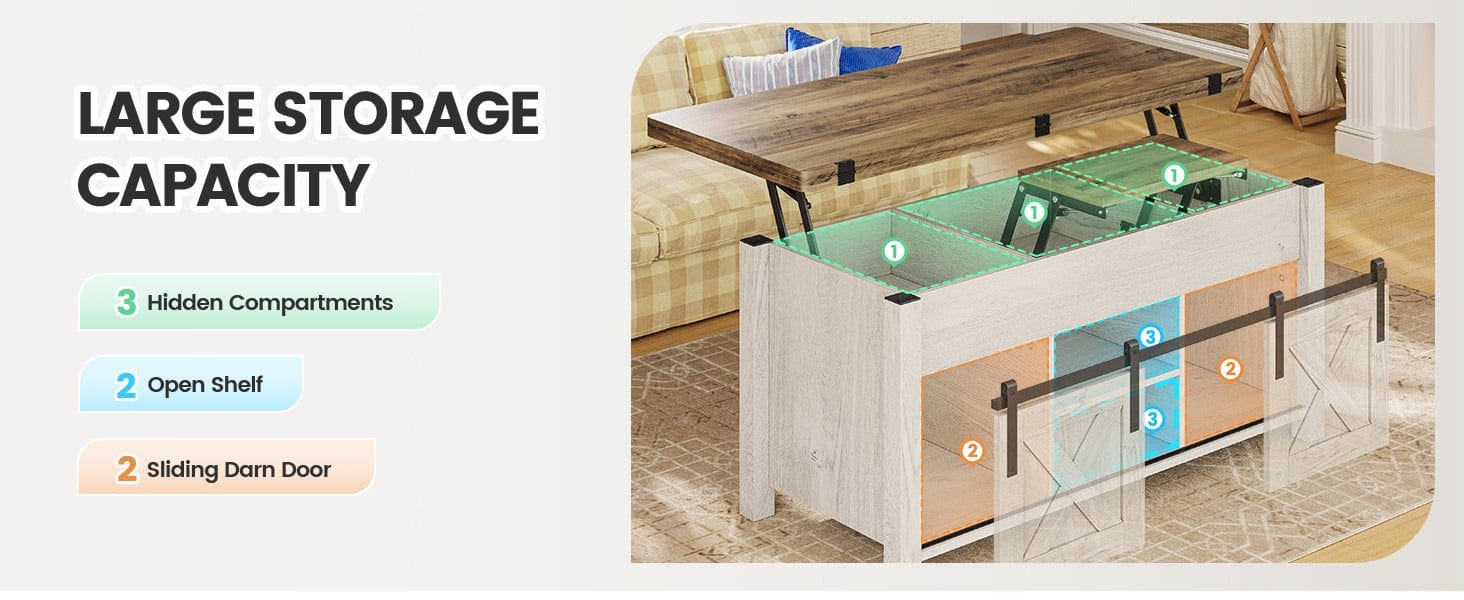 4 in 1 Multi-Function Lift Top Coffee Table with Storage and Hidden Compartment White