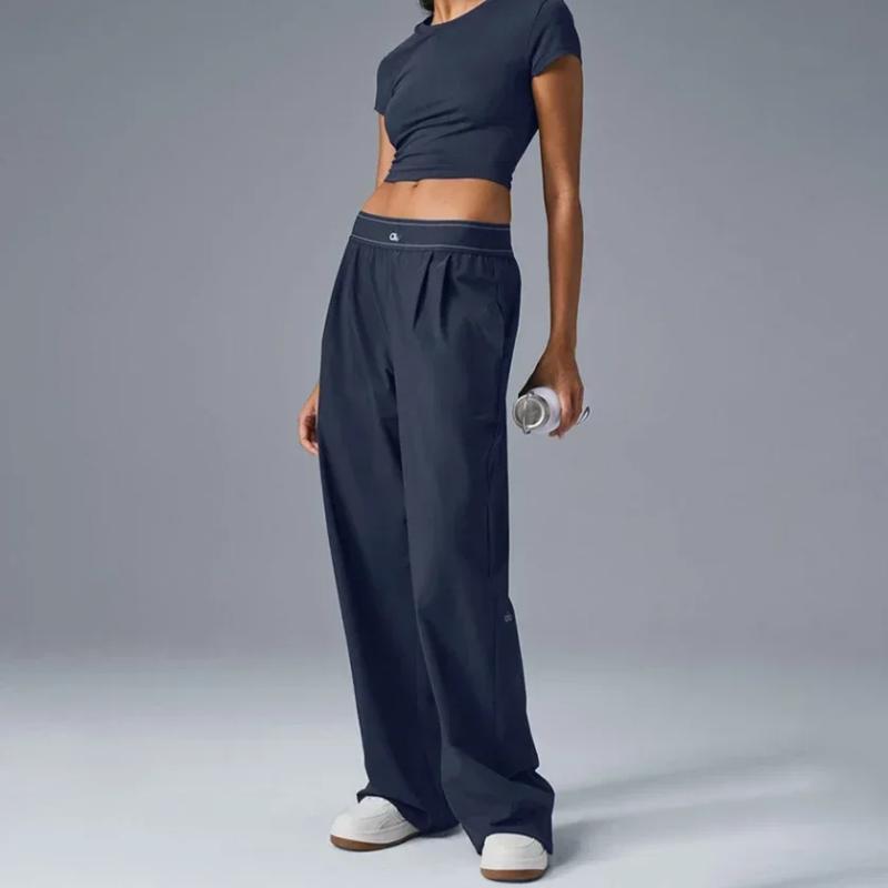 Casual Vibe Style Women's Wide Leg Pants Yoga Front Fold Loose Elastic Waist Sports Straight Pocket Soft Black Casual Womenswear Activewear Blouse Essential Cropped Bottom Day Dress Light Summer Top