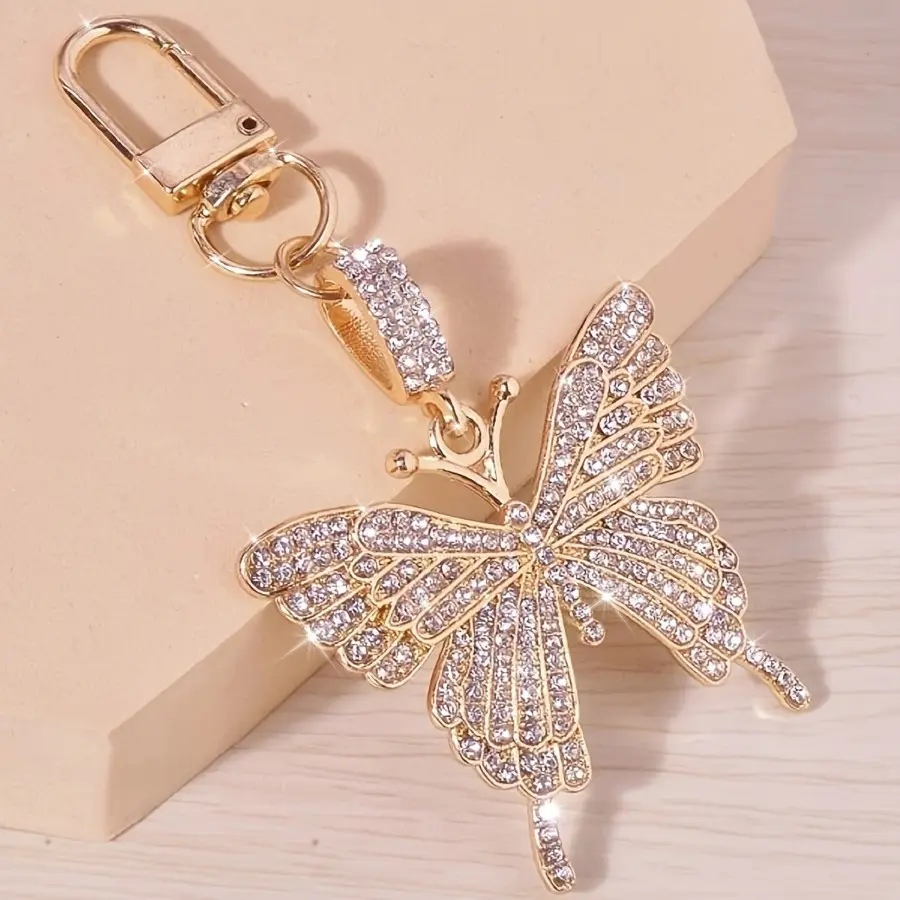 1-Piece Small Geometric Sparkly Gold Rhinestone Butterfly Keychain with Lobster Clasp - Non-Toxic Fashion Home Hanging Decor, Glam Purse Accessory for Valentines Day Bag Pendant