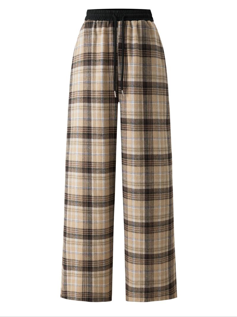 Women's Plaid Print Drawstring Waist Wide Leg Pants, Casual Streetwear Pants, Casual Comfy Pocket Trousers for Daily Wear, Ladies Bottoms for All Seasons