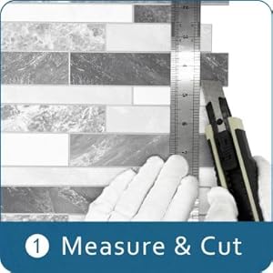 10-Sheet Peel and Stick Backsplash Stone Composite Self Tiles, 11.1" x 11.3" Grey White Mixed Embellished Stripes Brick Stick on Backsplash for,, Fireplace