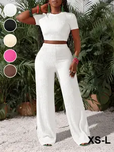 Spring Summer Fashion Casual Aesthetic Solid Color Round Neck Women's Home Set, Short Sleeve Top + Long Pants 2 Piece Set, Fitted Style