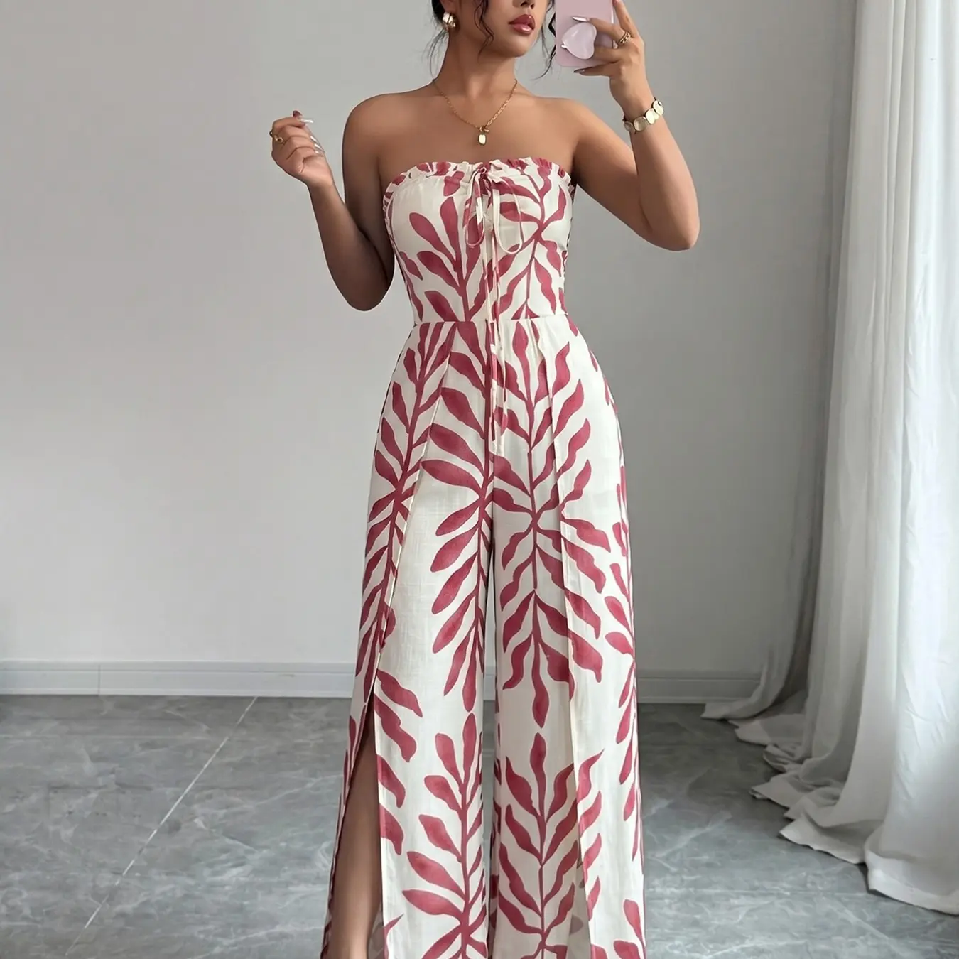 Breathable Flowy Wide Leg Geometric Printed Jumpsuit, Sleeveless Boho Style, Fit, High Waist, Leaf Print, Split Thigh Slit, Perfect for Beach, Work, Date Night