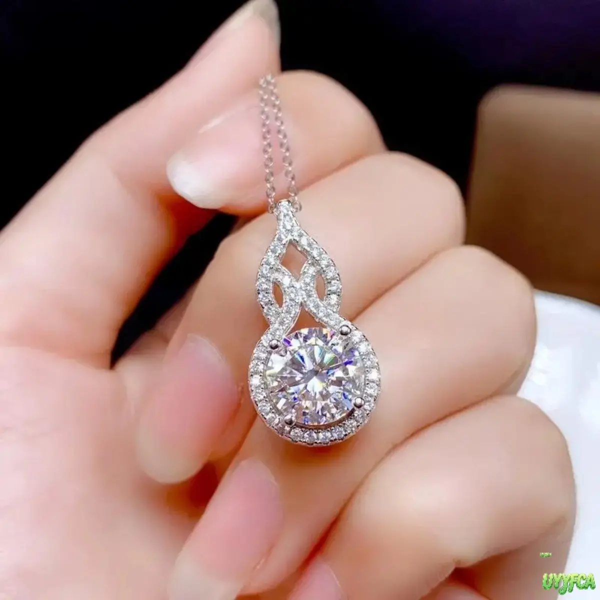 S925 Sterling Silver 2 Carat Round Moissanite Gourd Teardrop Pendant Necklace For Women, Halo Paved Tiny Stone Sparkling Infinity Twist Neck Chain, Hypoallergenic Dainty Daily Stackable Jewelry, Elegant Sentimental Birthday Valentine Anniversary Gift