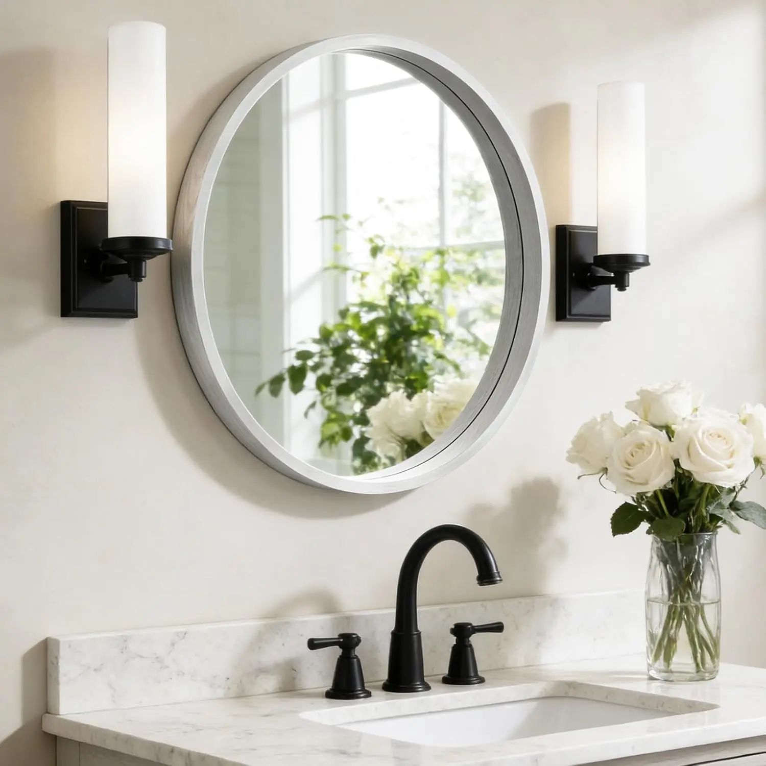 24-Inch Round Minimalist Glass Wall Mirror with Wooden Frame - Decorative Bathroom Mirror for Living Room Room Decor with Sharp Reflection (White)