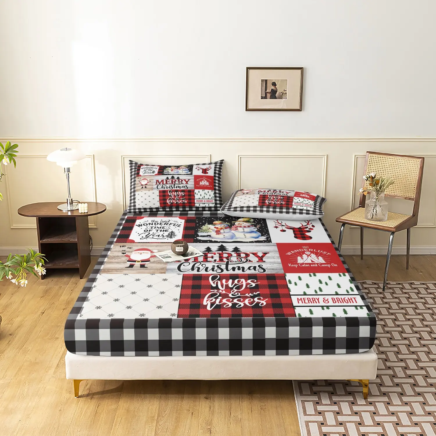 3pcs Christmas Theme Print Fitted Sheet Set - Plaid Print Bedding, Ultra-Soft And Comfortable Material. (1 Fitted Sheet + 2 Pillowcases) -Perfect for Bedroom Or Guestroom Decoration, Without Duvet Insert, for Holiday Season, Bed sets supplies